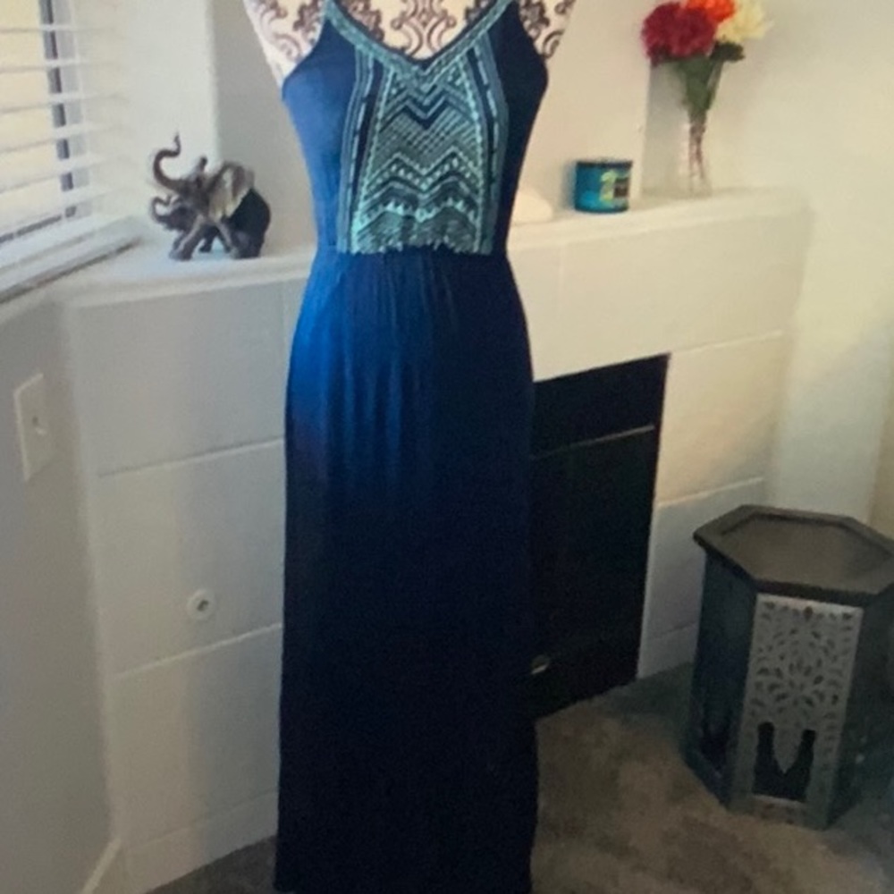 Lucky Brand Navy Embroidered Maxi Dress